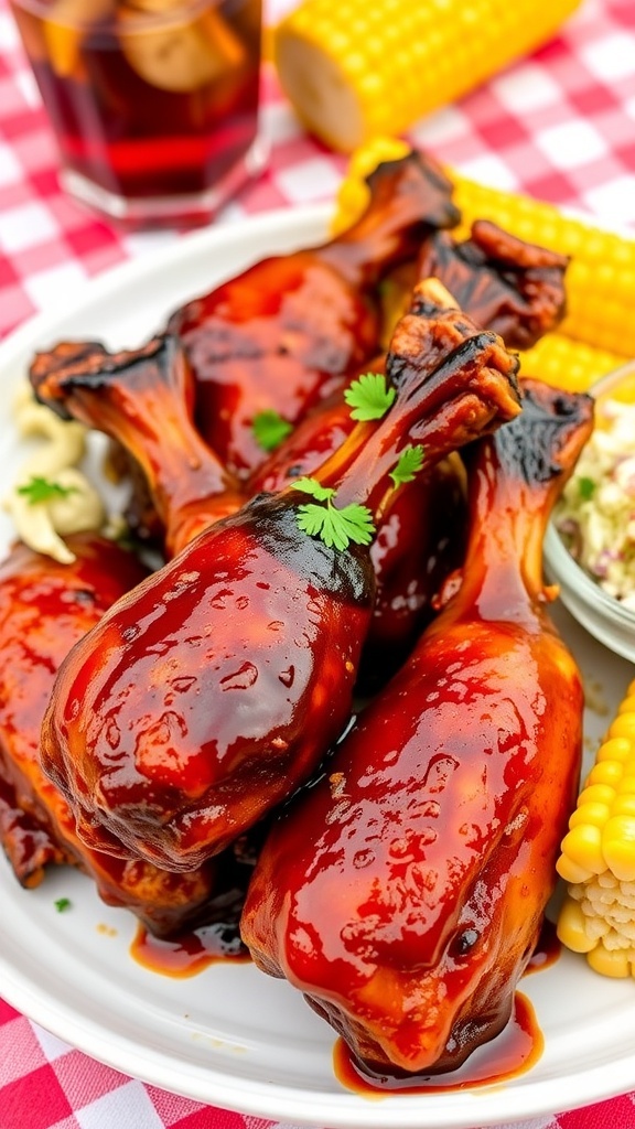 Grilled BBQ chicken drumsticks on a plate with parsley, coleslaw, and corn on the cob.